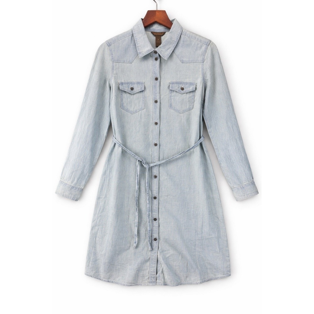 Bit & Bridle Chambray Denim Shirt Dress Small‎ Western Tie Waist Button Cowgirl